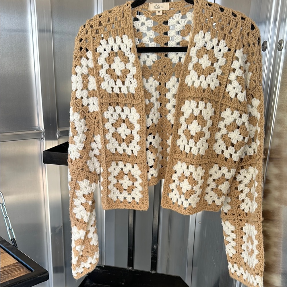 Elan Women's Crochet Sweater - Tan and Cream